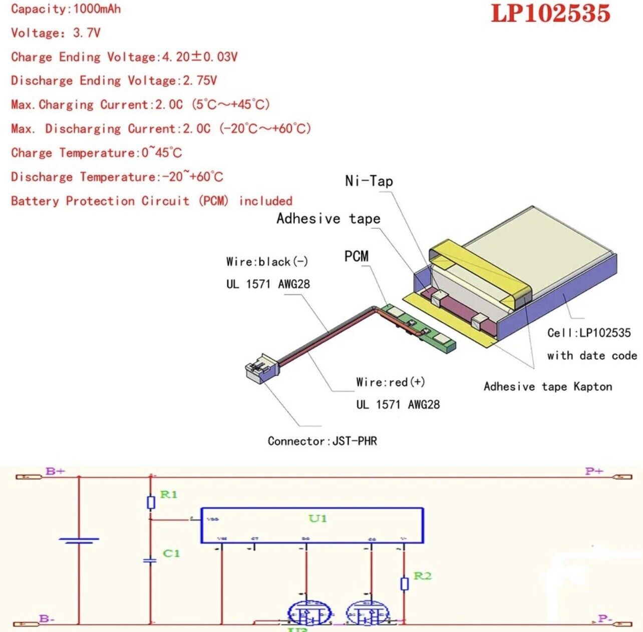 1 X Polymer Lithium Ion Battery LiPo 1000mAh 3.7V 102535 10x25x35 Inc PH2.0 Plug