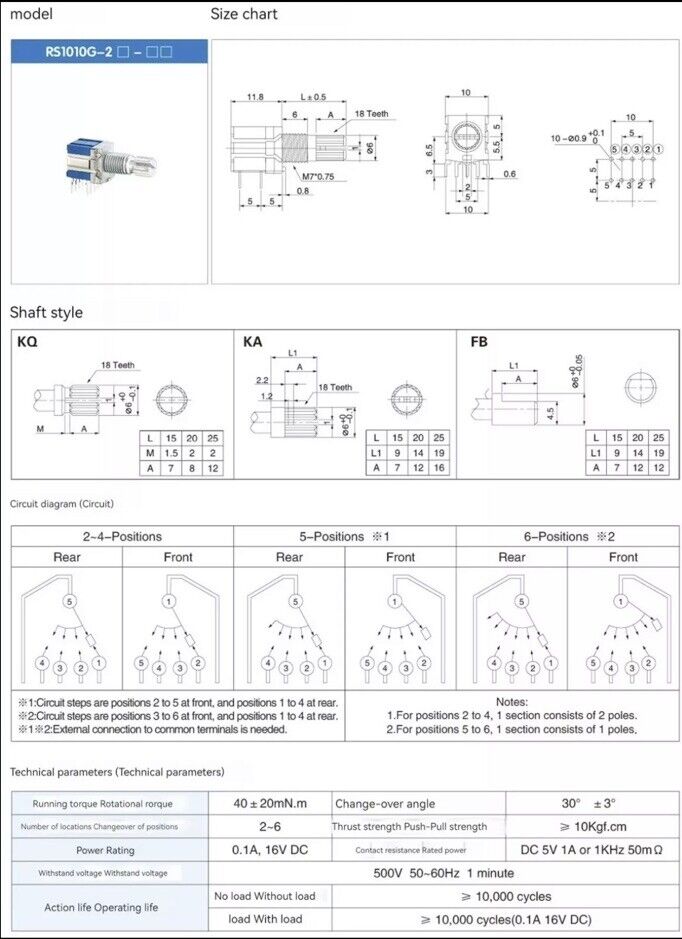 5PCS RS1010 Band Switch Rotary Switch Gear Change 2 Pole 3 Position Selector
