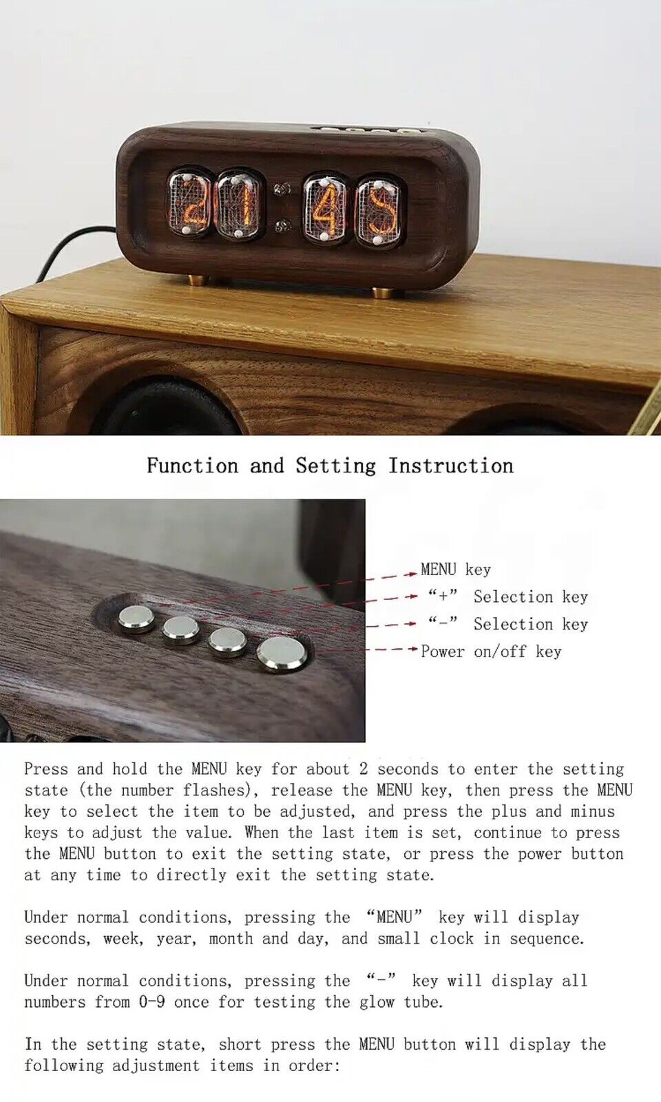 IN-12 IN12 4 Digit Nixie tube Clock Inc Dark Walnut Enclosure 12/24 Hr