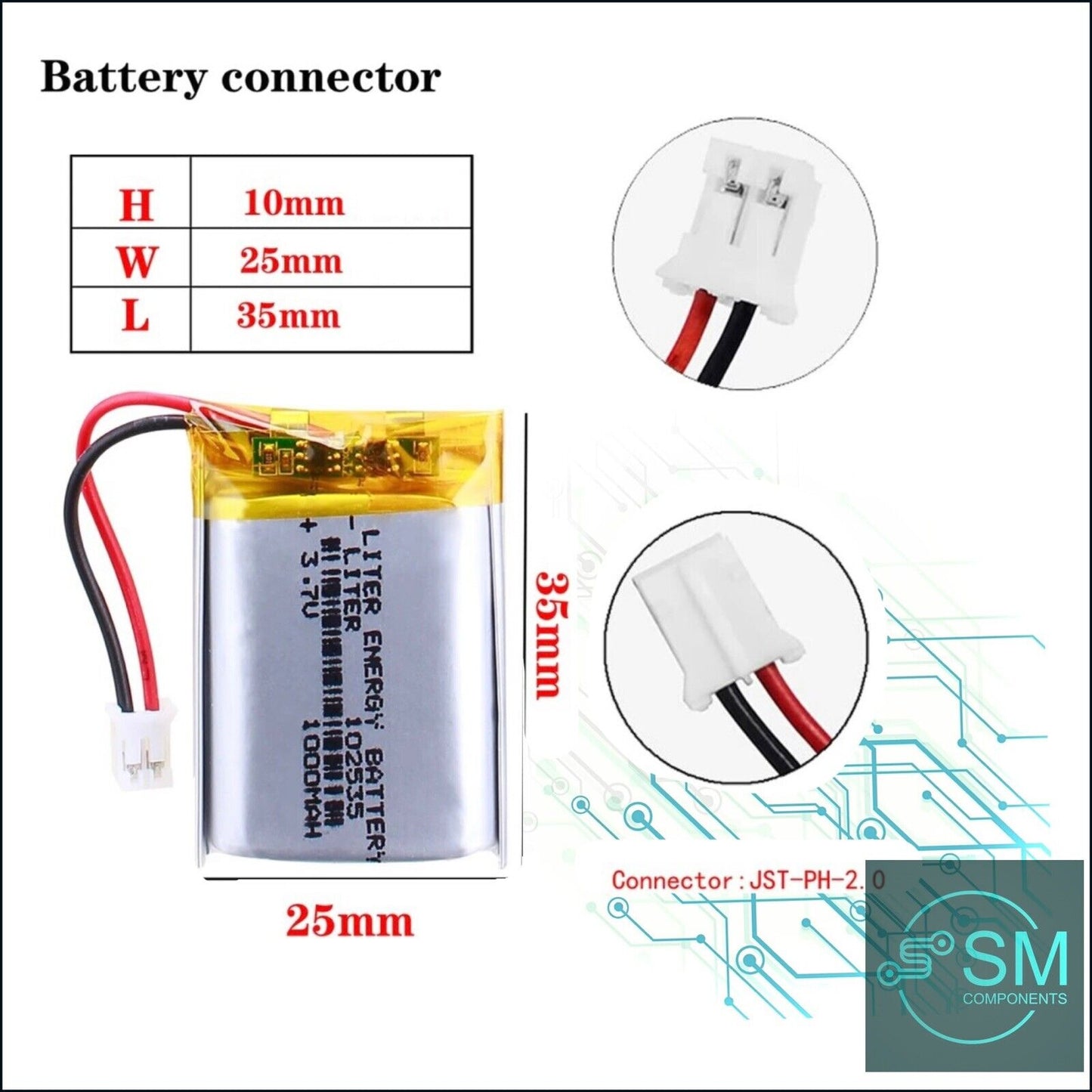 1 X Polymer Lithium Ion Battery LiPo 1000mAh 3.7V 102535 10x25x35 Inc PH2.0 Plug