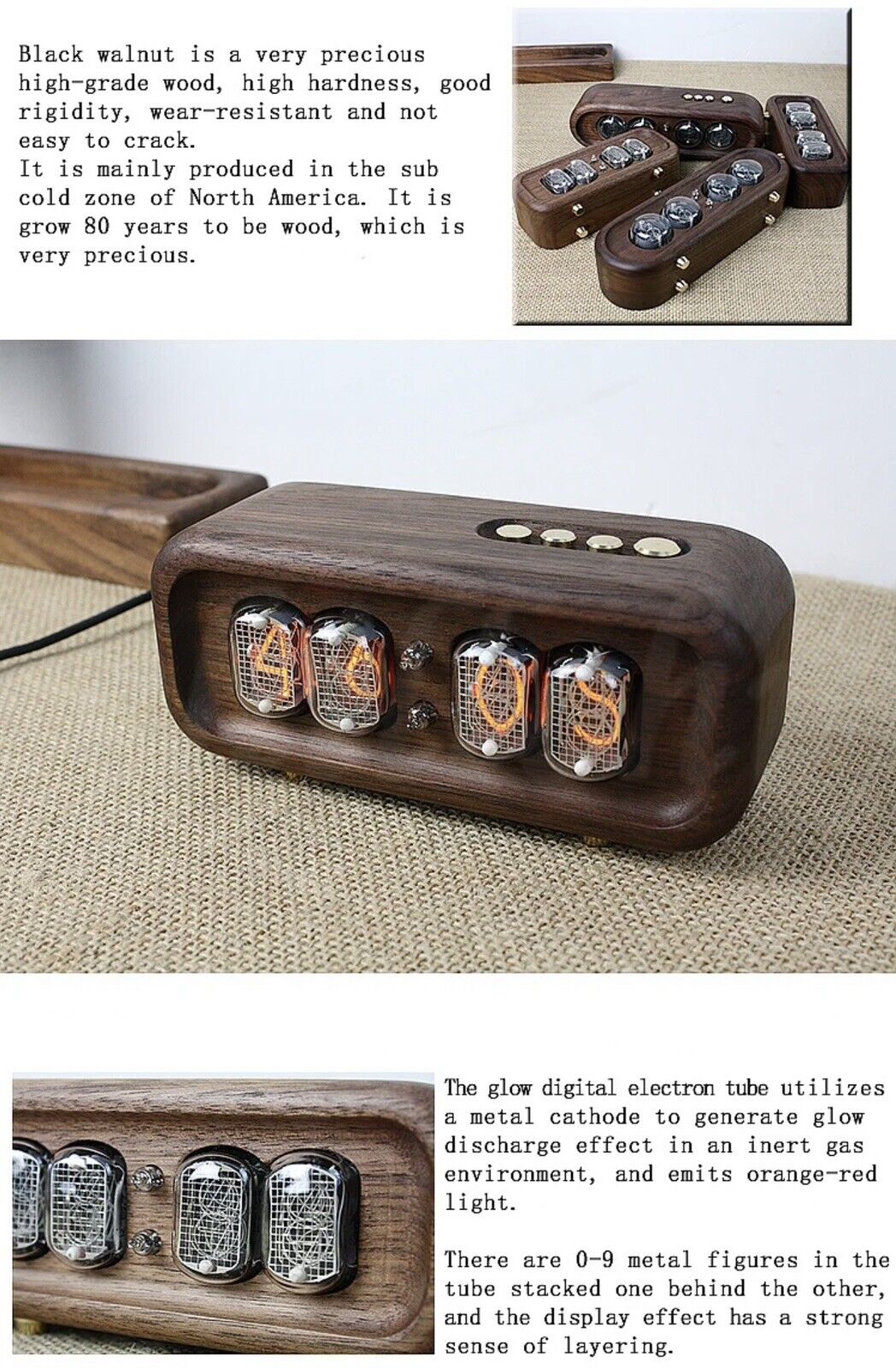IN-12 IN12 4 Digit Nixie tube Clock Inc Dark Walnut Enclosure 12/24 Hr