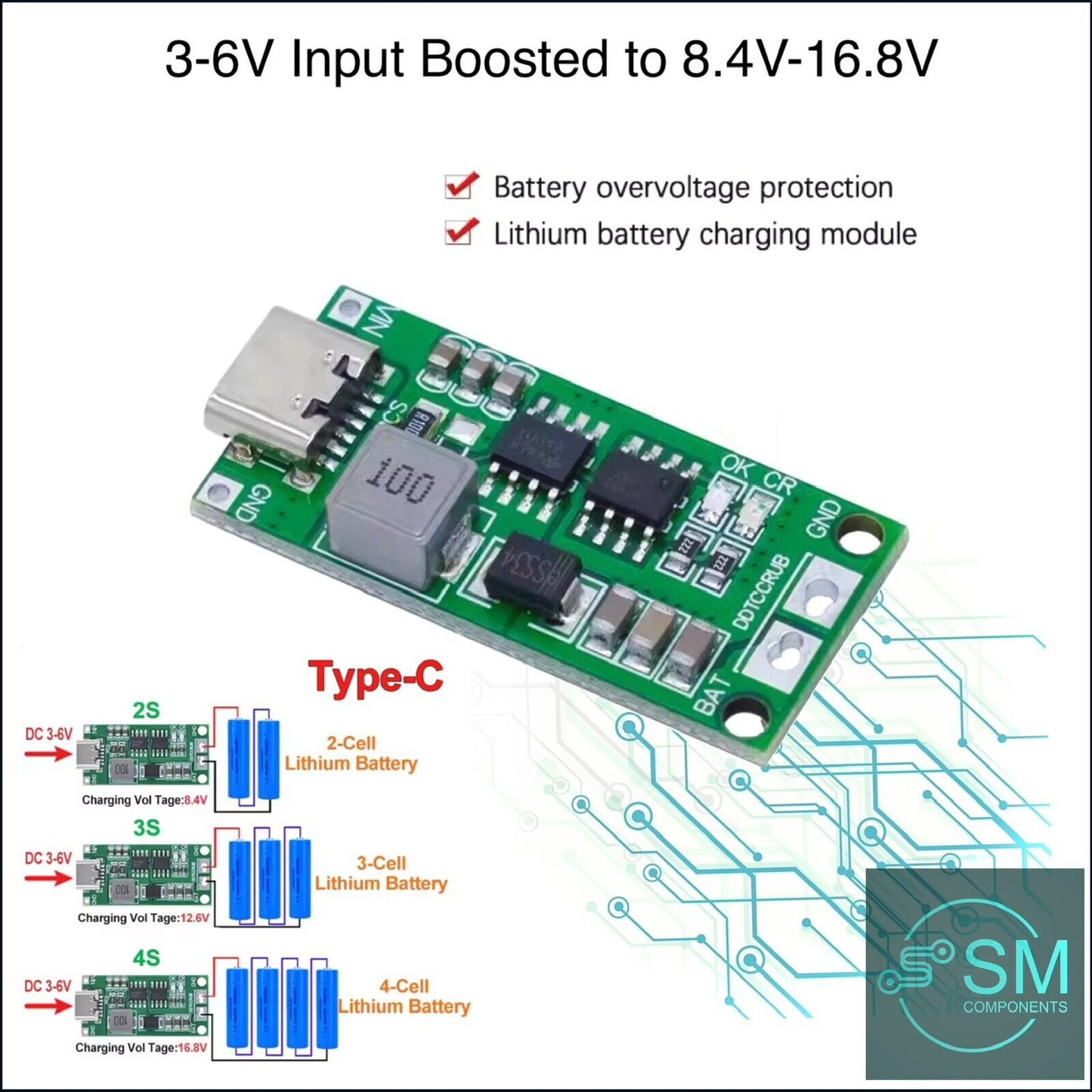 2 X Type-C 2S-3S-4S 2A Lipo Lithium Polymer Charge Unit 3-6V Input- 8.4V - 16.8V