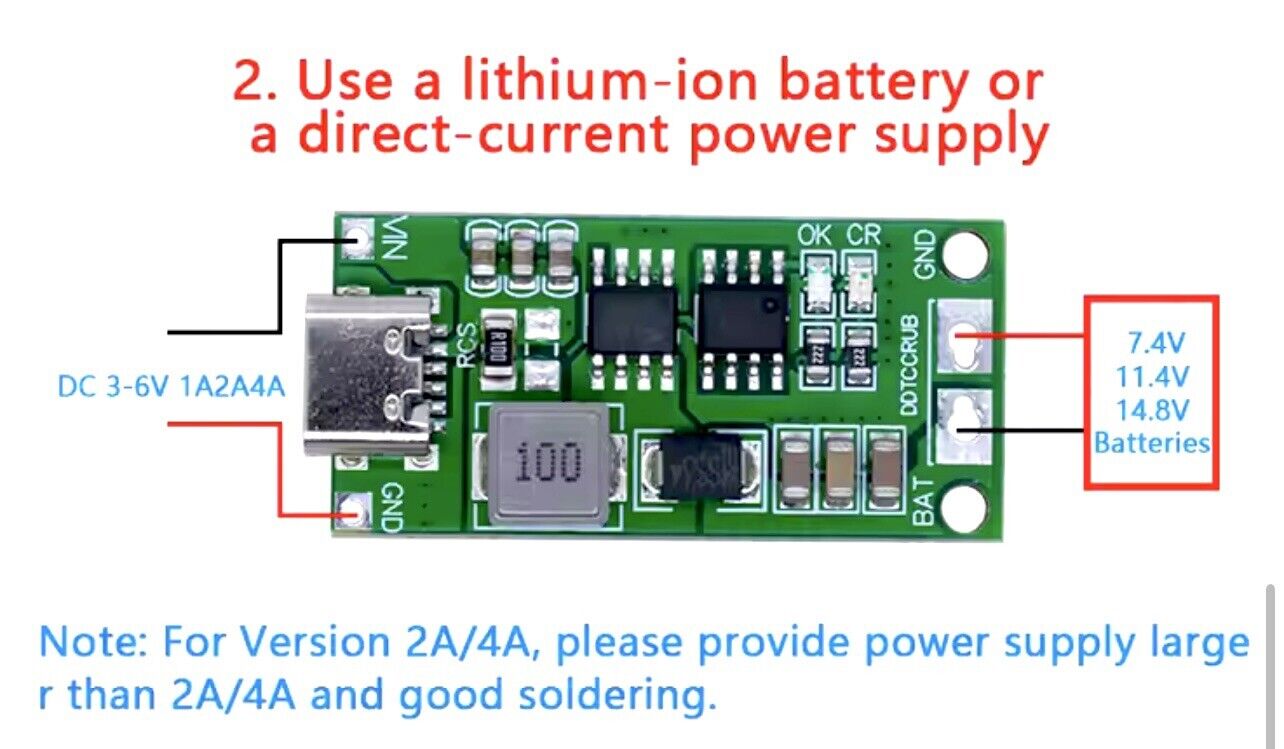 2 X Type-C 2S-3S-4S 2A Lipo Lithium Polymer Charge Unit 3-6V Input- 8.4V - 16.8V