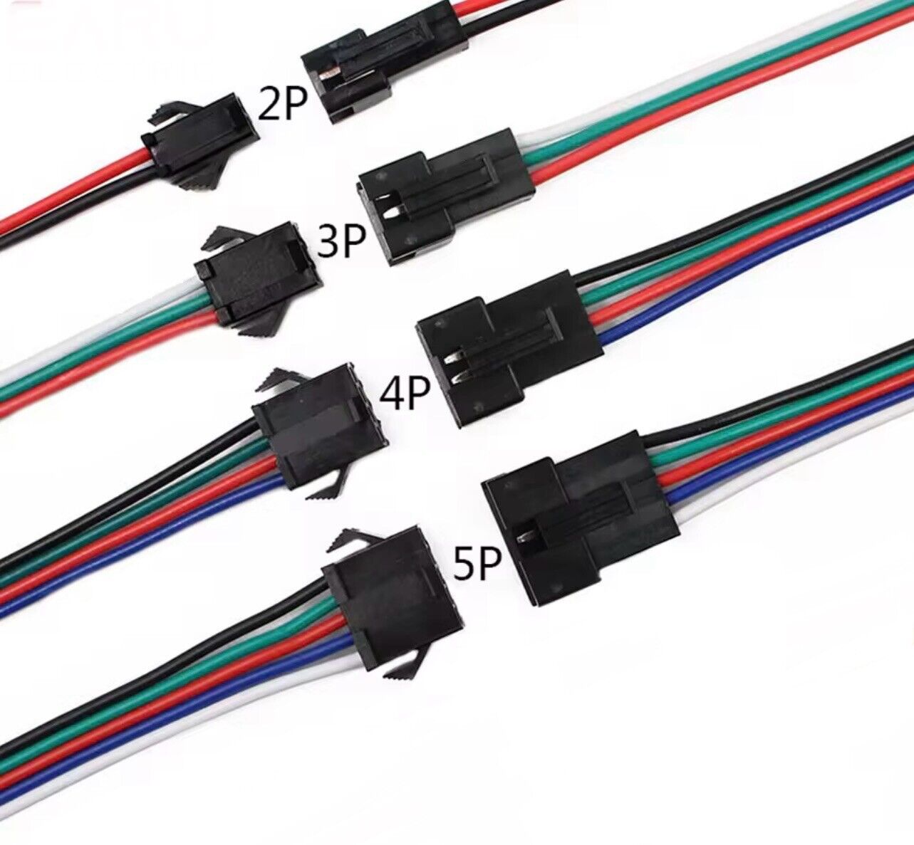 5 x Pair JST SM 2P, 3P, 4P, 5P Plug Socket Male to Female Wire LED Connector