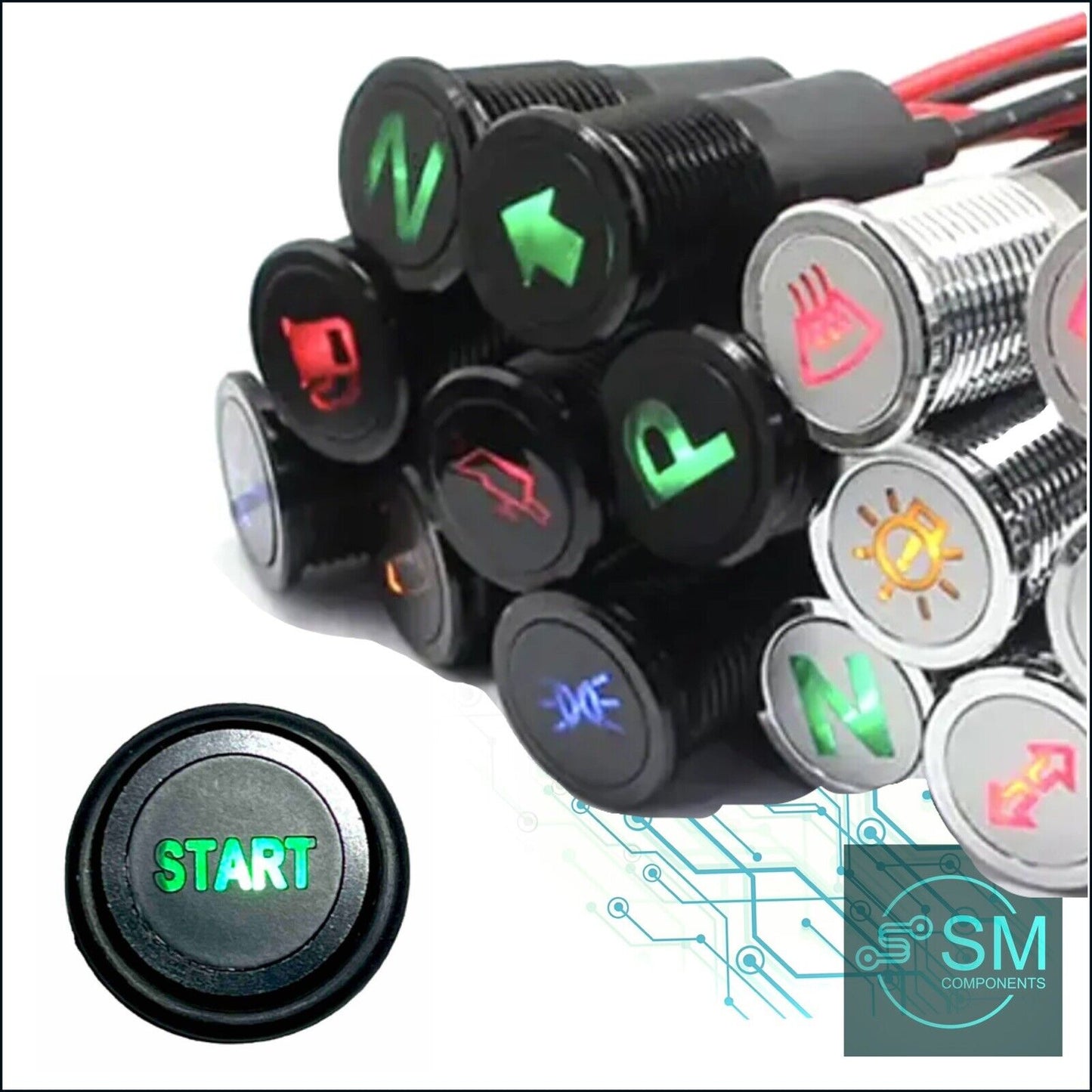 14mm GREEN START LED Dash Panel Warning Pilot Light Indicator Lamp Car 12V-36V