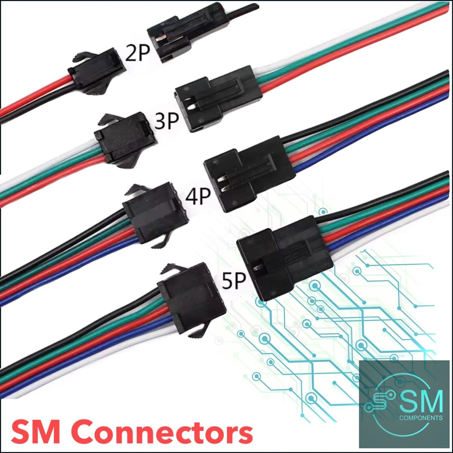 5 x Pair JST SM 2P, 3P, 4P, 5P Plug Socket Male to Female Wire LED Connector
