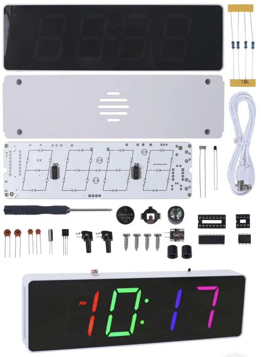 DIY 4 Digit RGB Clock Kit Temp Auto Brightness Alarm Soldering Practice Inc Case