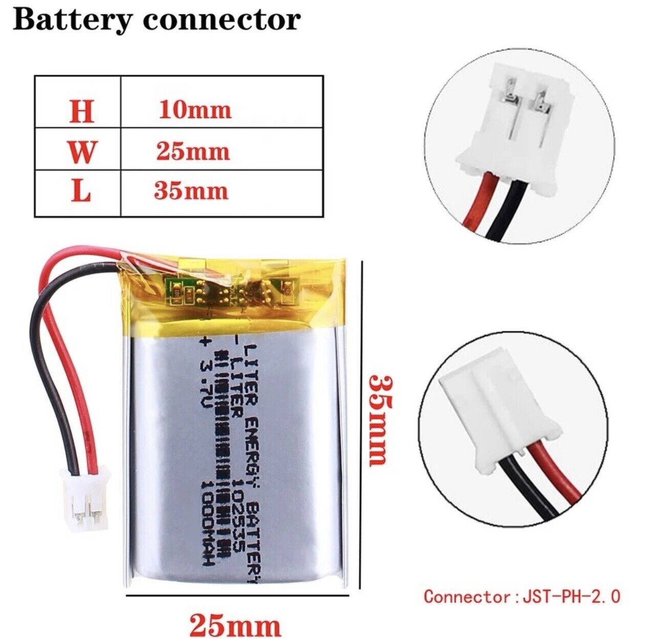 1 X Polymer Lithium Ion Battery LiPo 1000mAh 3.7V 102535 10x25x35 Inc PH2.0 Plug