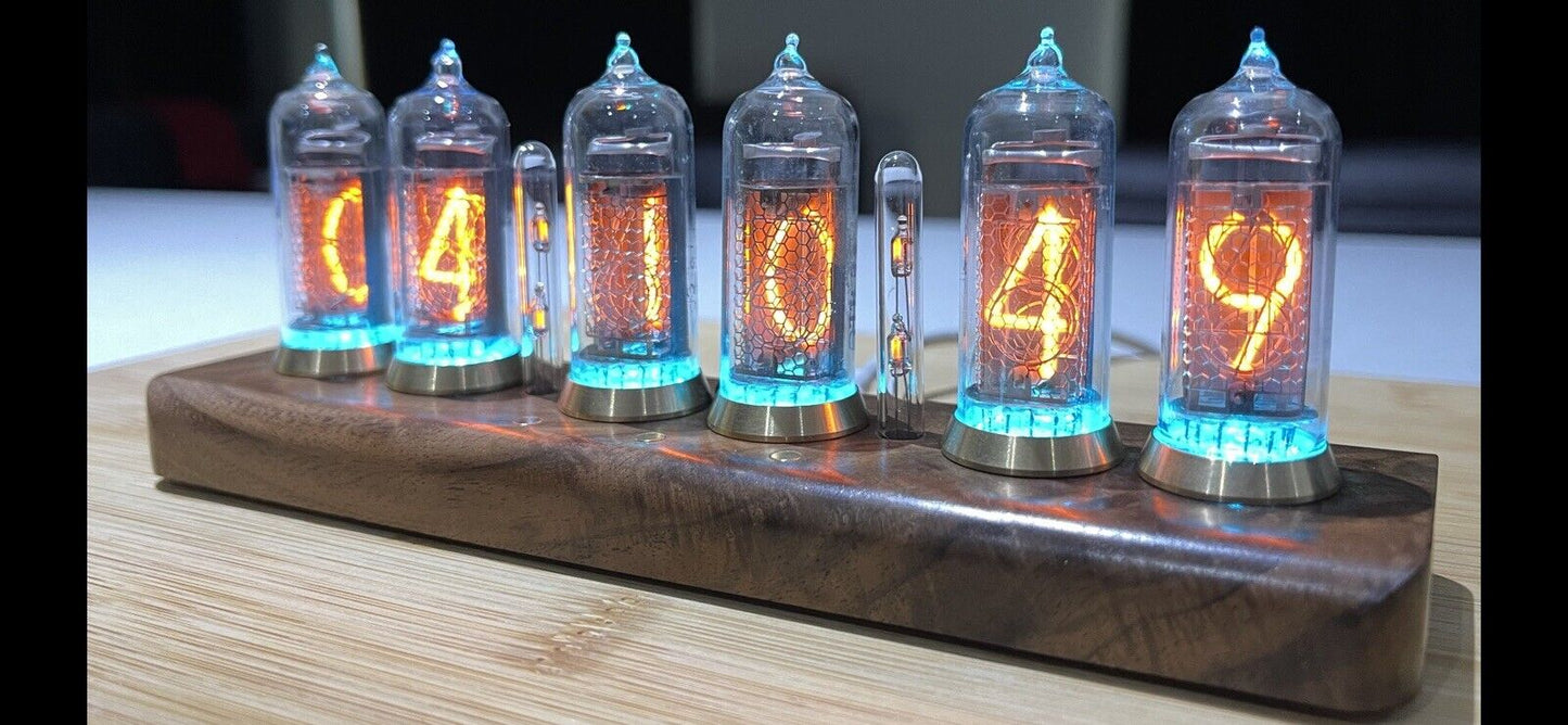 IN-14 Nixie Tube Clock Bluetooth Connectivity Walnut Base Brass Rings Power Unit