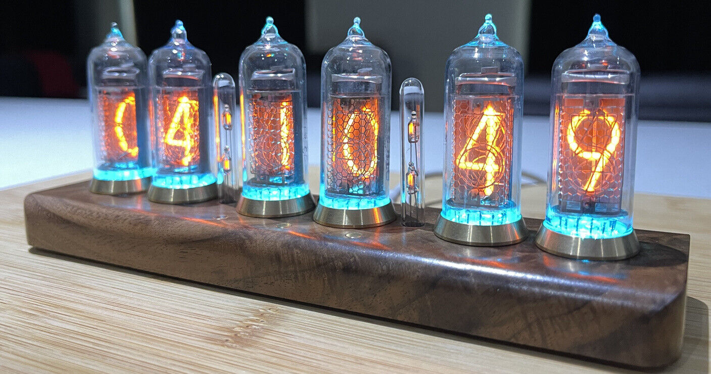 IN-14 Nixie Tube Clock Bluetooth Connectivity Walnut Base Brass Rings Power Unit