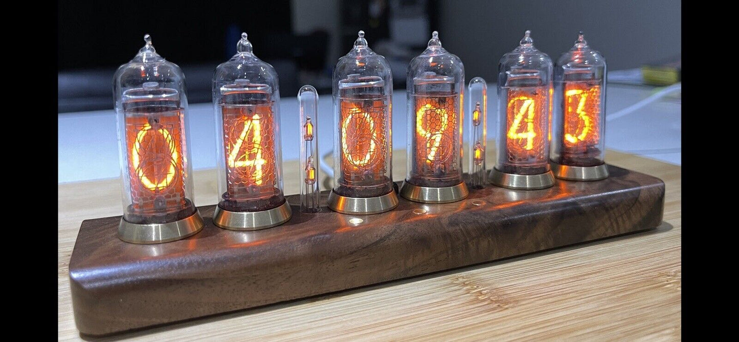 IN-14 Nixie Tube Clock Bluetooth Connectivity Walnut Base Brass Rings Power Unit