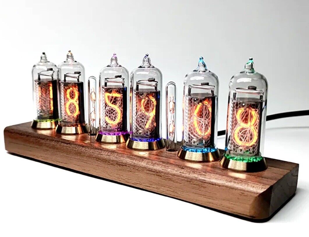 IN-14 Nixie Tube Clock Bluetooth Connectivity Walnut Base Brass Rings Power Unit