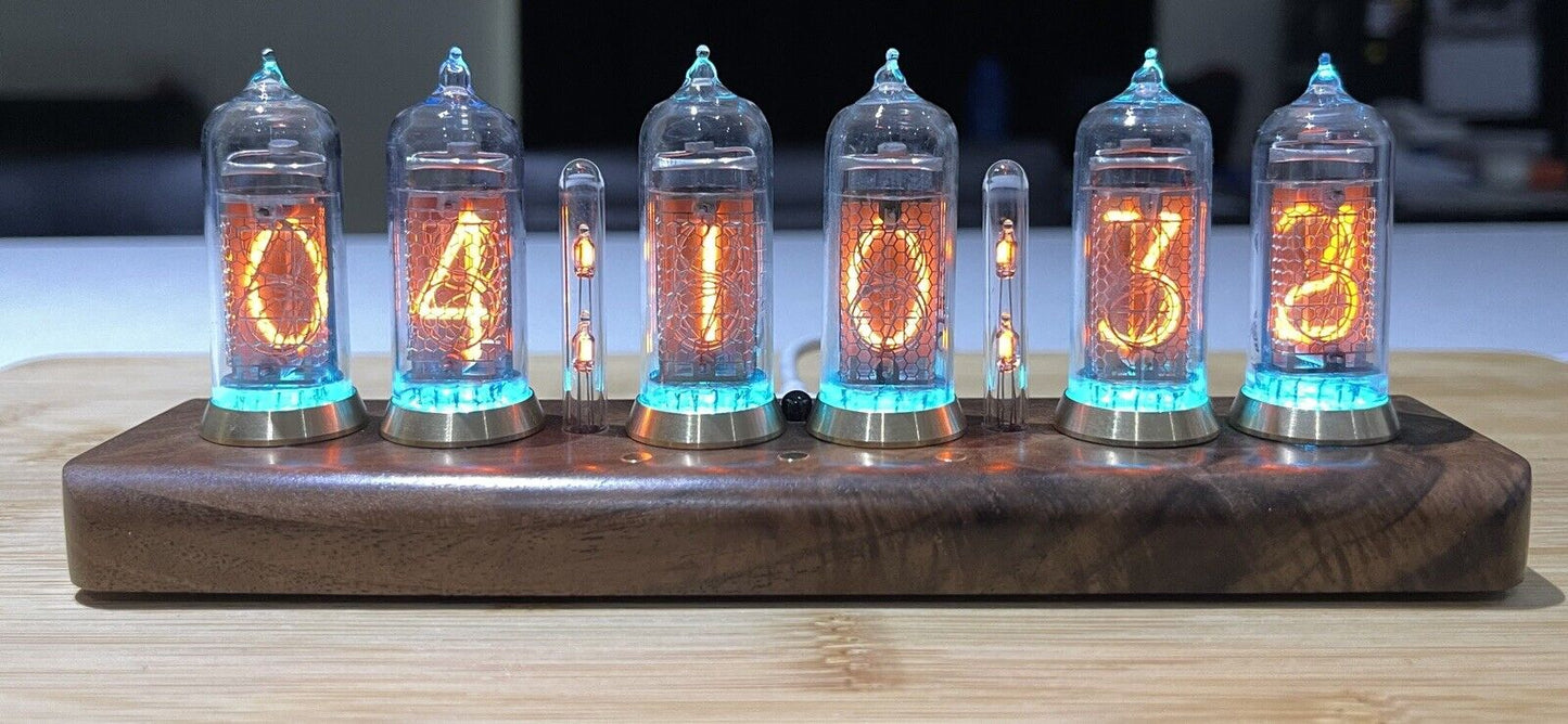 IN-14 Nixie Tube Clock Bluetooth Connectivity Walnut Base Brass Rings Power Unit