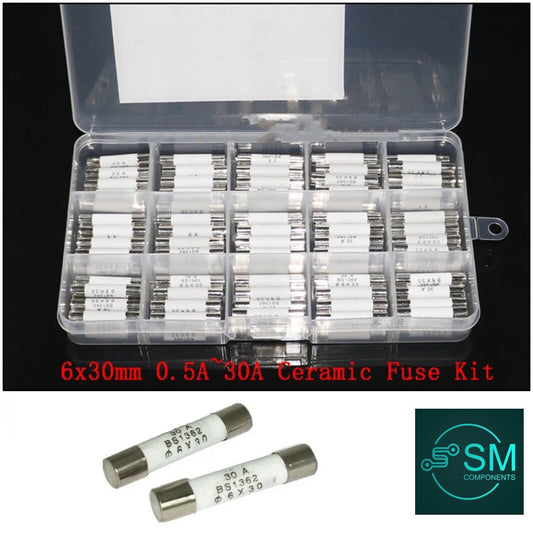 75PCS Fuse Kit 6x30mm 250V Ceramic Fuse Electrical Fast Blow 0.5~30A 15 Values