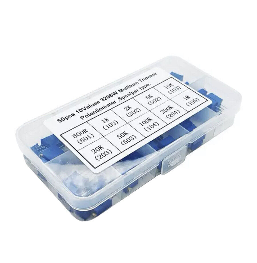 50PC 3296W Bourns Style Trimmer 10 Value 500R-1M Potentiometer Resistor Inc Case