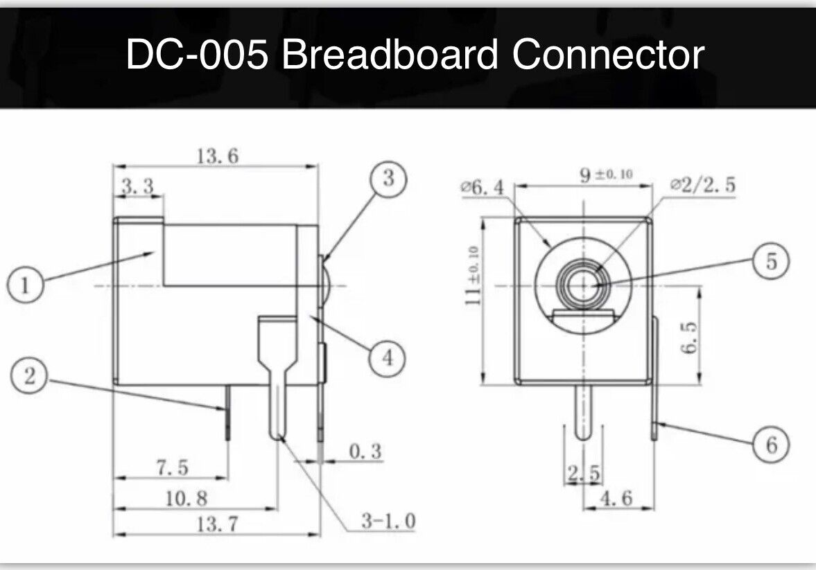 10 X DC-005 Tapered Pin Breadboard & PCB DC Power Jack 5.5mm x 2.1mm Female