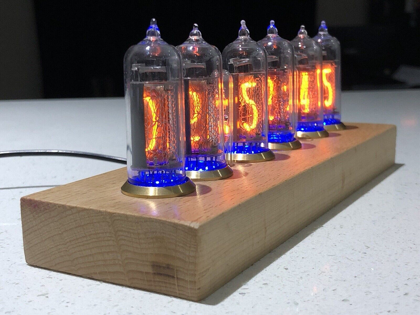 IN-14 Nixie tube Clock Inc Enclosed BEECH Base Brass Ring + Anti Cathode Poison