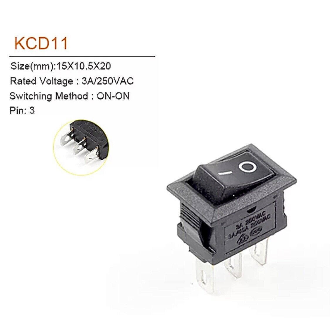 5 X Rocker Switch SPST 10x15mm 2 PIN ON/OFF KCD11 12V 125V~6A 250V~3A (BLACK)