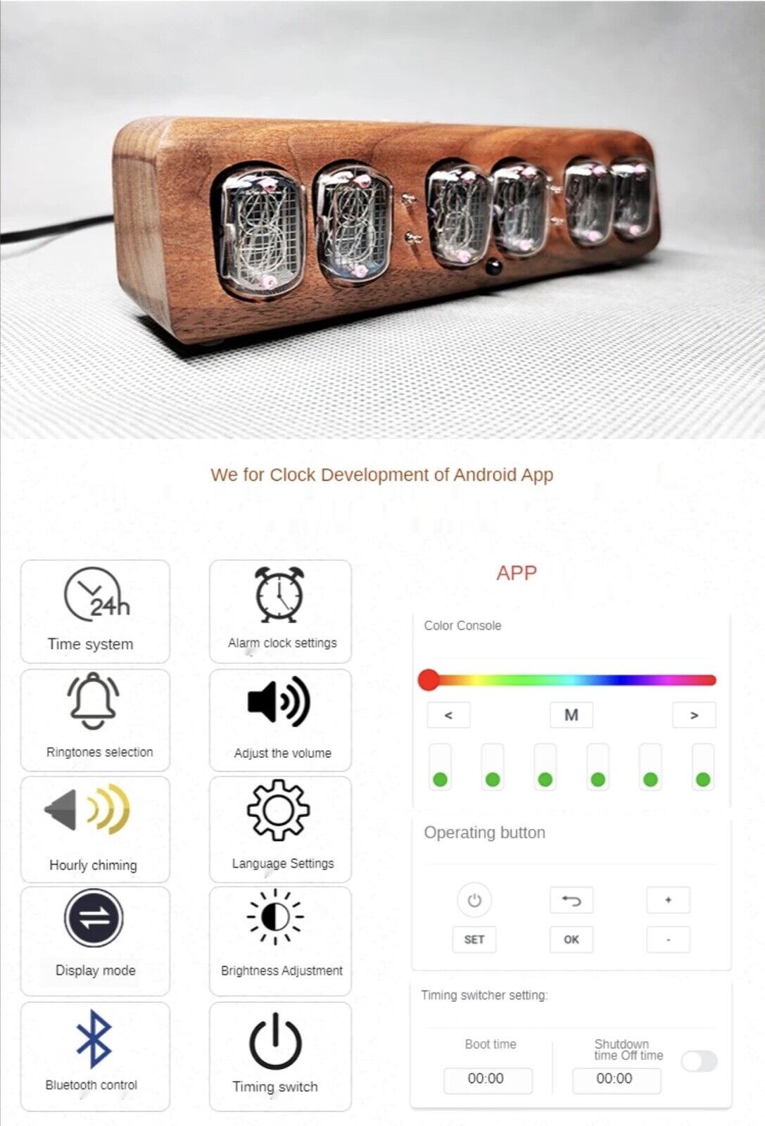 IN-12 Nixie tube Clock Walnut Case Brass Feet Bluetooth Vintage Style Auto Time