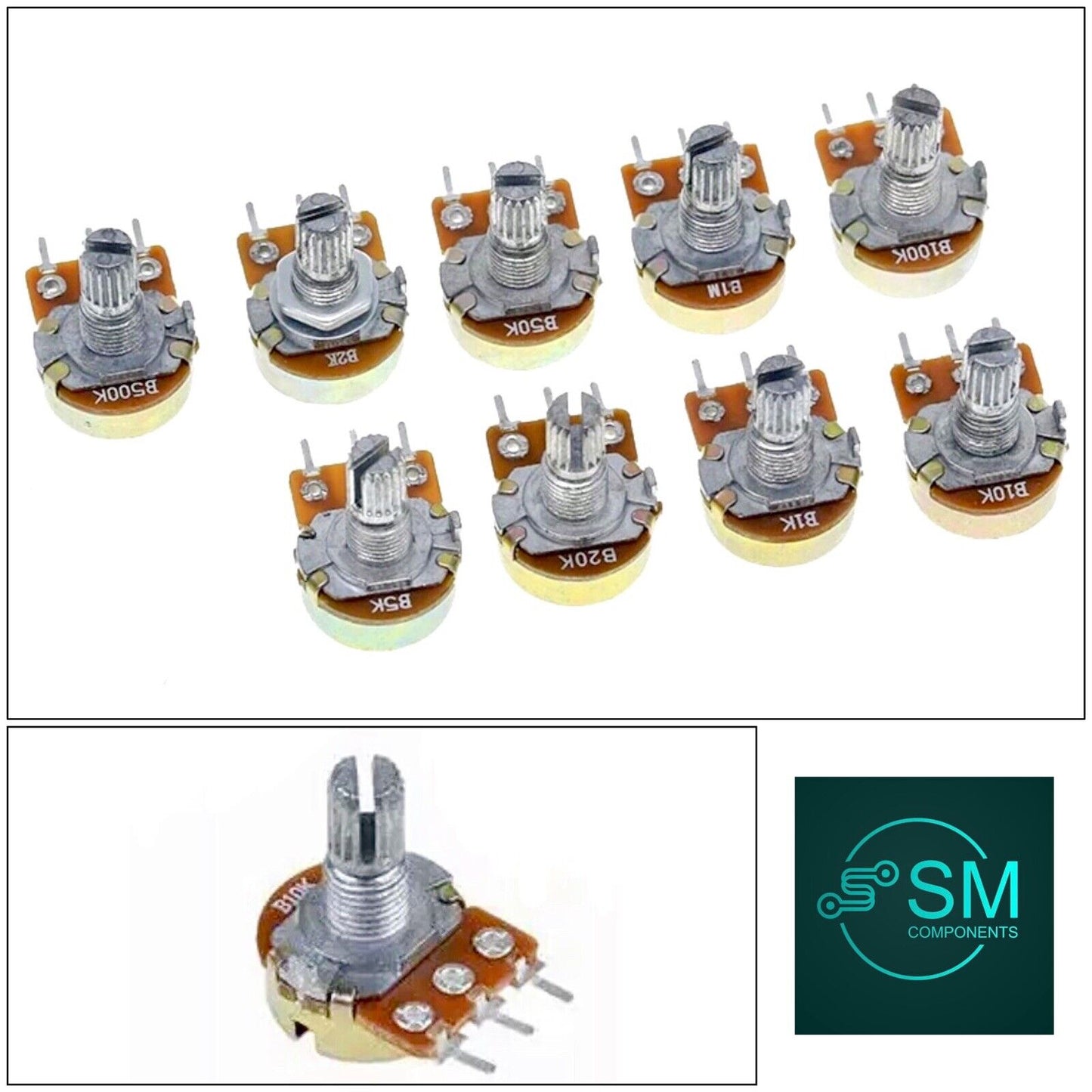 9PCS 9 Values WTH-148 Single 3 Pin Potentiometer Kit B1K-B1M With Nut & Knob