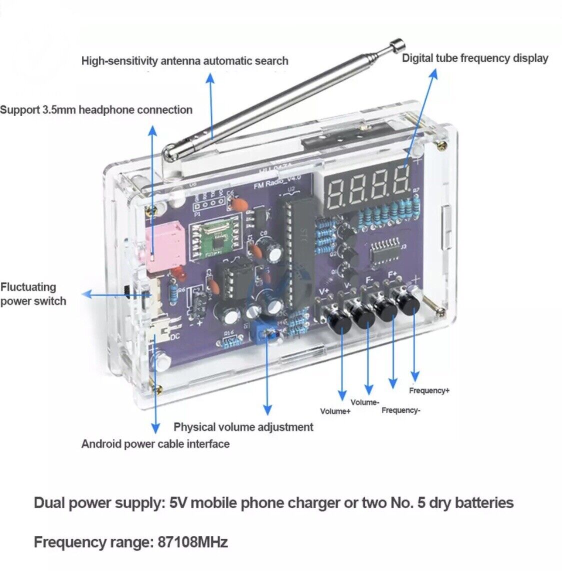 HU-017A FM Radio RDA5807S Kit Set Electronic DIY 87-108MHz Inc Shell Solder Kit