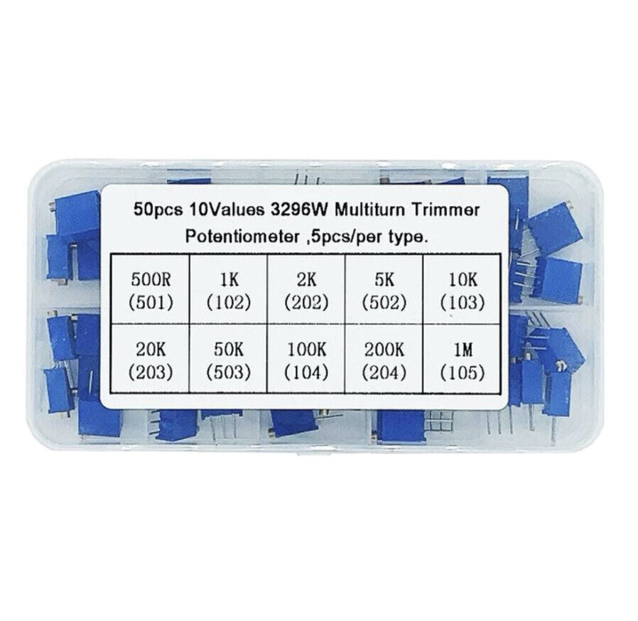 50PC 3296W Bourns Style Trimmer 10 Value 500R-1M Potentiometer Resistor Inc Case