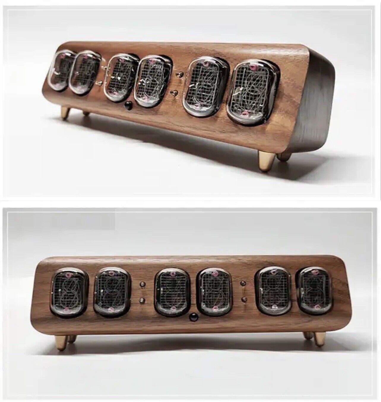 IN-12 Nixie tube Clock Walnut Case Brass Feet Bluetooth Vintage Style Auto Time