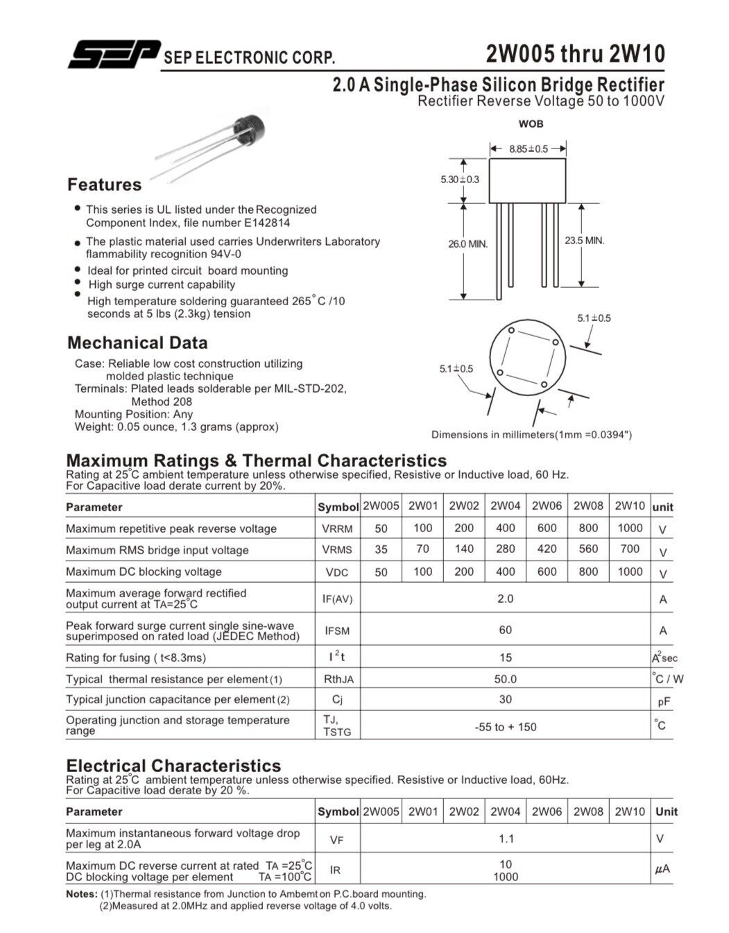 10PCS 2W10 1000V 2A Bridge Diode Full Wave Rectifier