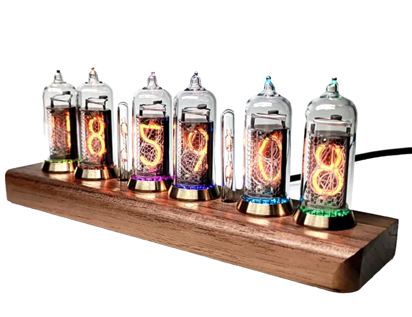 IN-14 Nixie Tube Clock Bluetooth Connectivity Walnut Base Brass Rings Power Unit