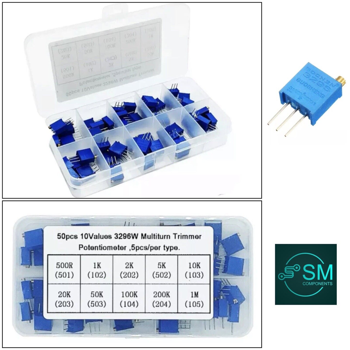 50PC 3296W Bourns Style Trimmer 10 Value 500R-1M Potentiometer Resistor Inc Case