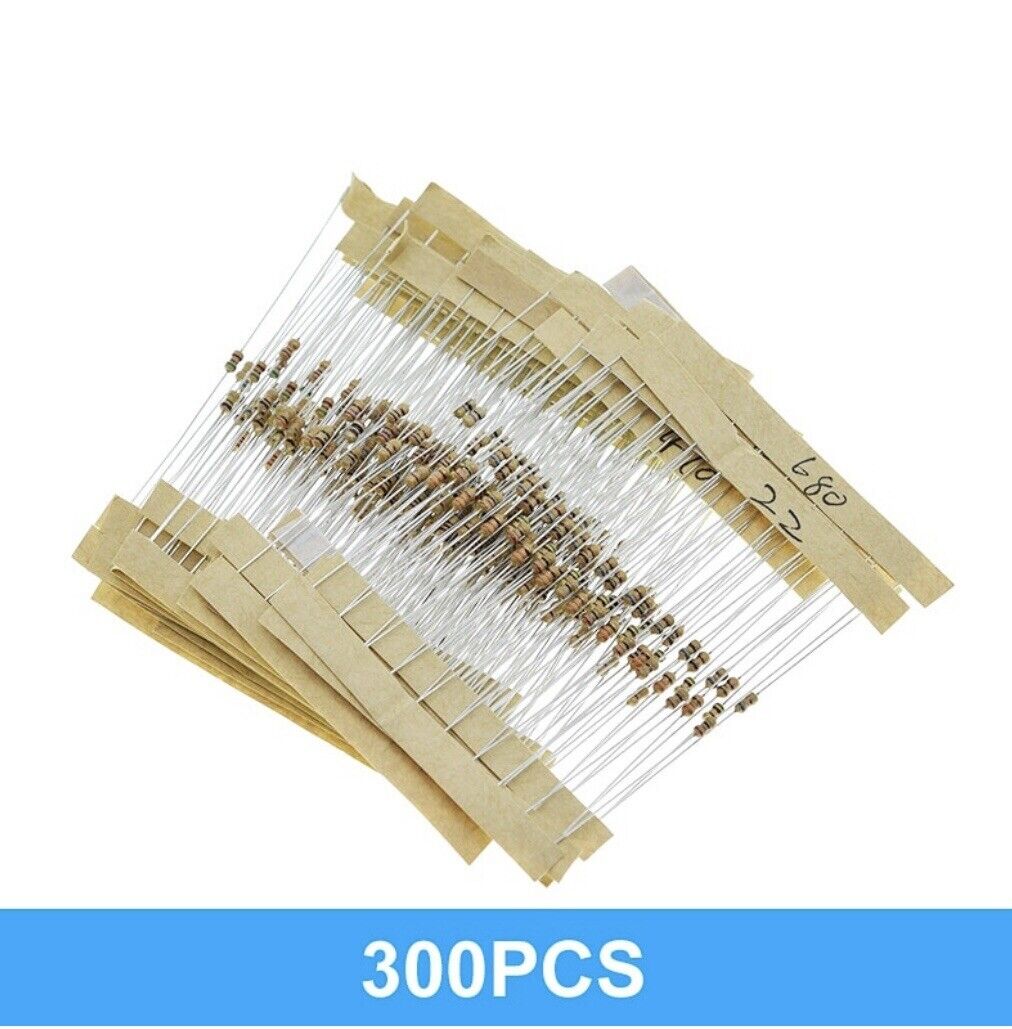 300pcs 30 Values 1/8-1/6 Watt Carbon Film Resistor Assortment Kit 5% +|- 10-1MΩ