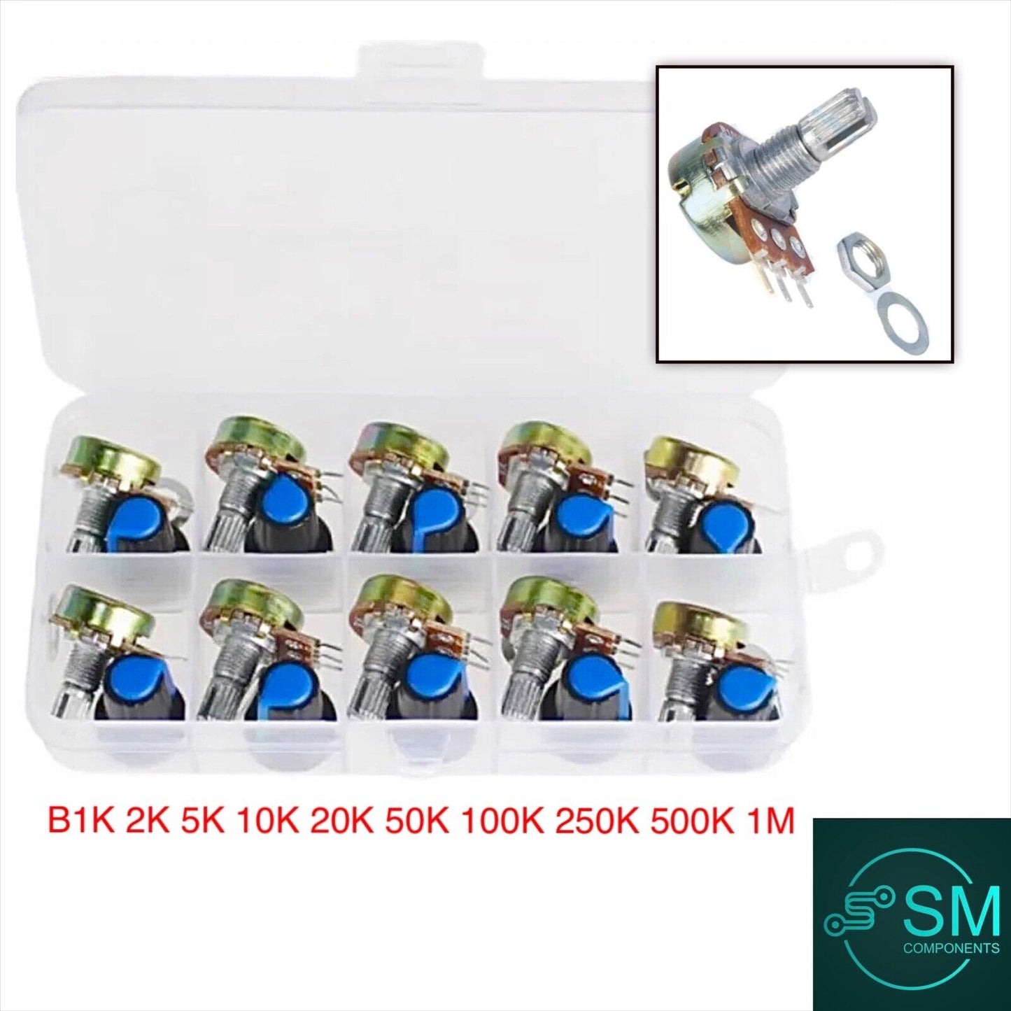 10PCS 10 Values WTH-148 Single 3 Pin Potentiometer Kit B1K-B1M Inc Knobs & Case