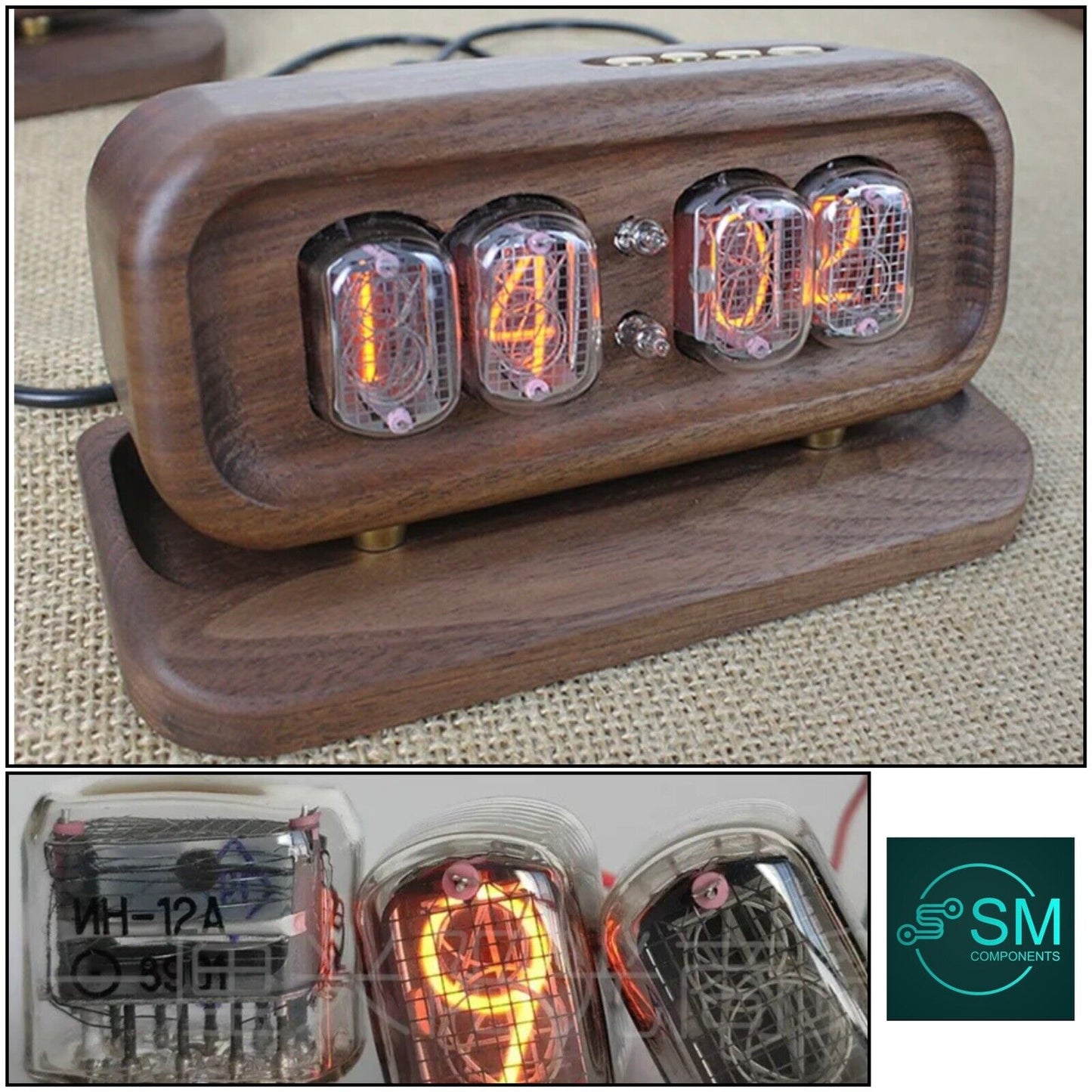 IN-12 IN12 4 Digit Nixie tube Clock Inc Dark Walnut Enclosure & Base 12/24 Hr