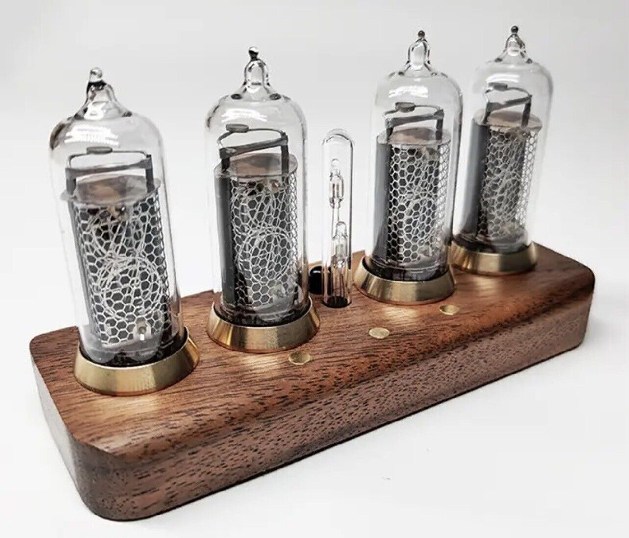 IN-14 Nixie Tube 4 Digit Clock Bluetooth Connectivity Walnut Base Brass Rings