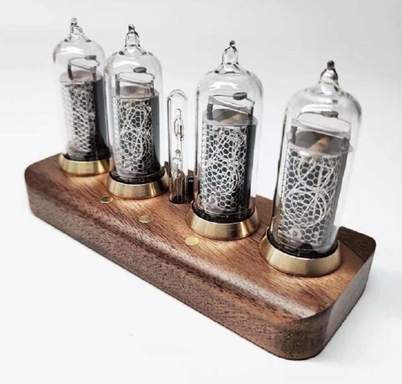 IN-14 Nixie Tube 4 Digit Clock Bluetooth Connectivity Walnut Base Brass Rings