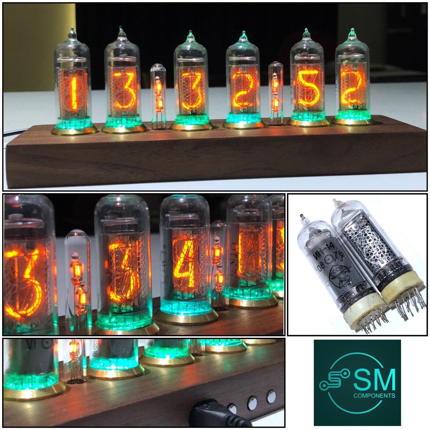 IN-14 Nixie tube Clock Inc Enclosed Walnut Base Brass Ring + Anti Cathode Poison