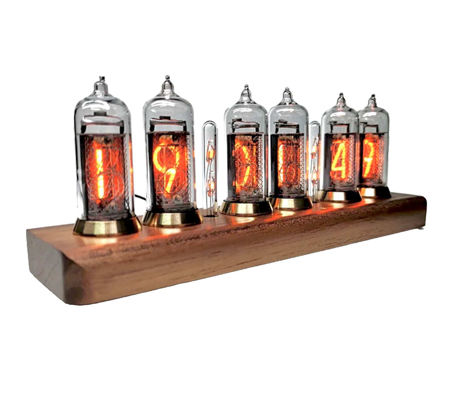 IN-14 Nixie Tube Clock Bluetooth Connectivity Walnut Base Brass Rings Power Unit