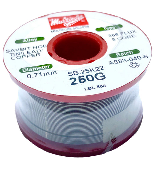 1 X Multicore Solder, Savbit 6 Tin/lead/copper 366 5 Core Solder 0.71mm, 250gms
