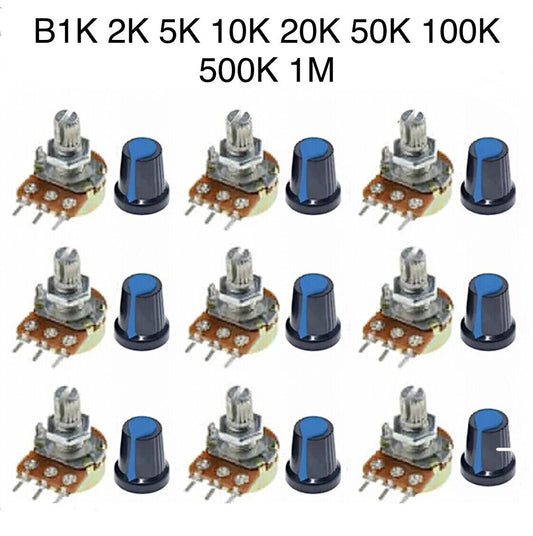 9PCS 9 Values WTH-148 Single 3 Pin Potentiometer Kit B1K-B1M With Nut & Knob
