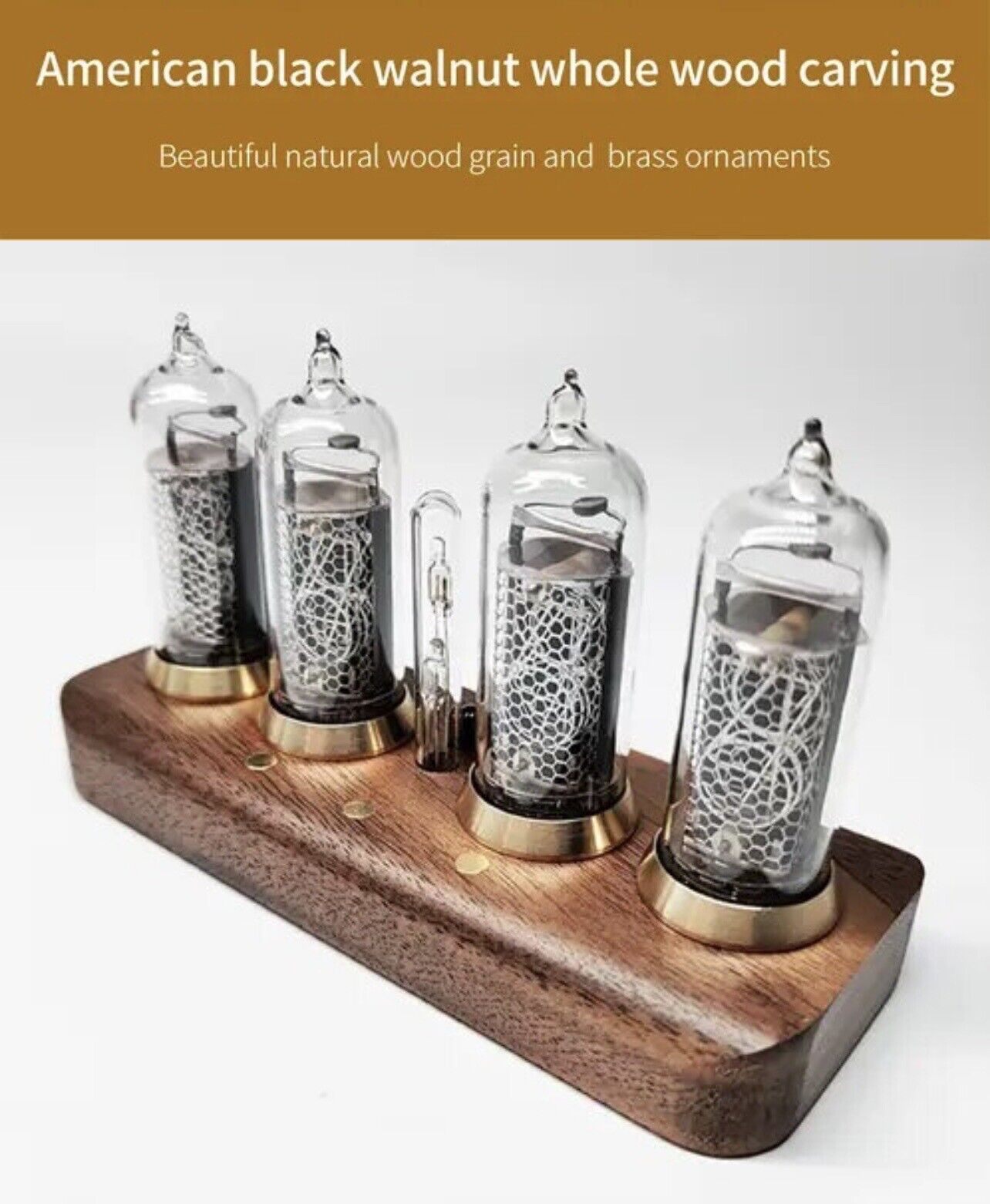 IN-14 Nixie Tube 4 Digit Clock Bluetooth Connectivity Walnut Base Brass Rings