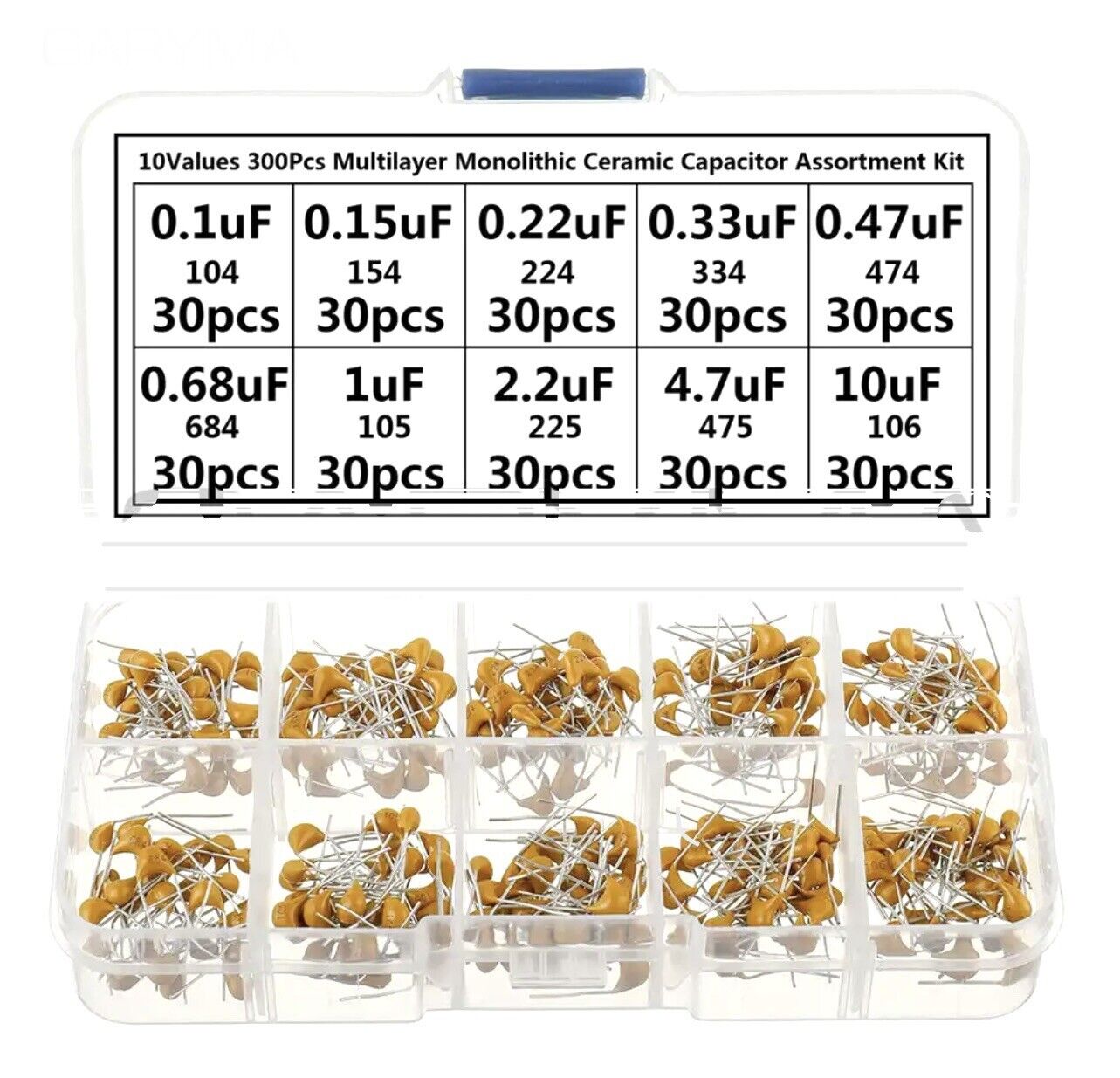 300PCS 10 Values 50V 100nF~10uF Multilayer Monolithic DIP Ceramic Capacitor Kit