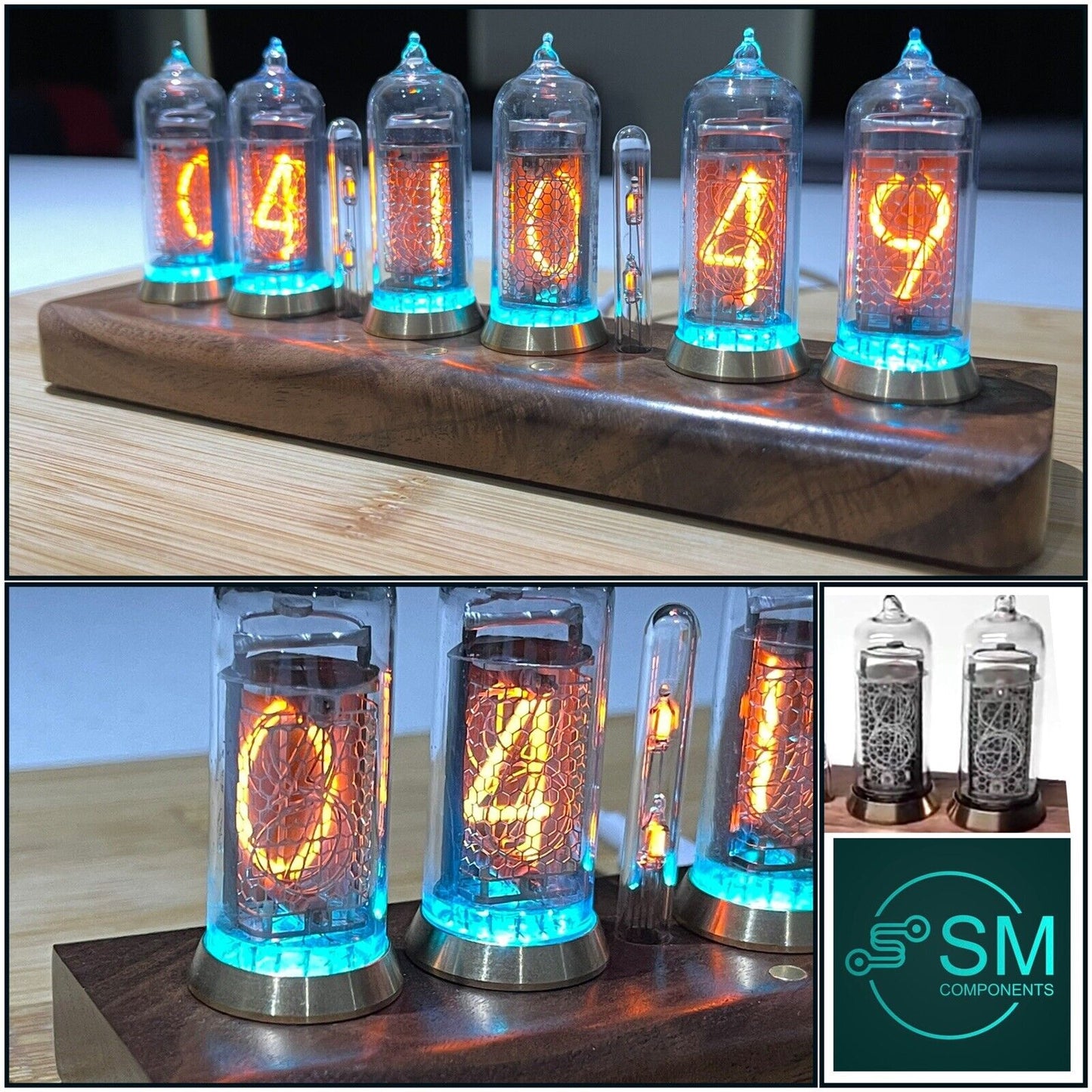 IN-14 Nixie Tube Clock Bluetooth Connectivity Walnut Base Brass Rings Power Unit