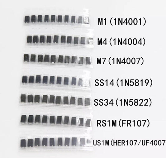 70pcs/lot SMD Electronics Diodes M1 1N4001 M4 1N4004 M7 1N4007 SS14 U 7 Values*