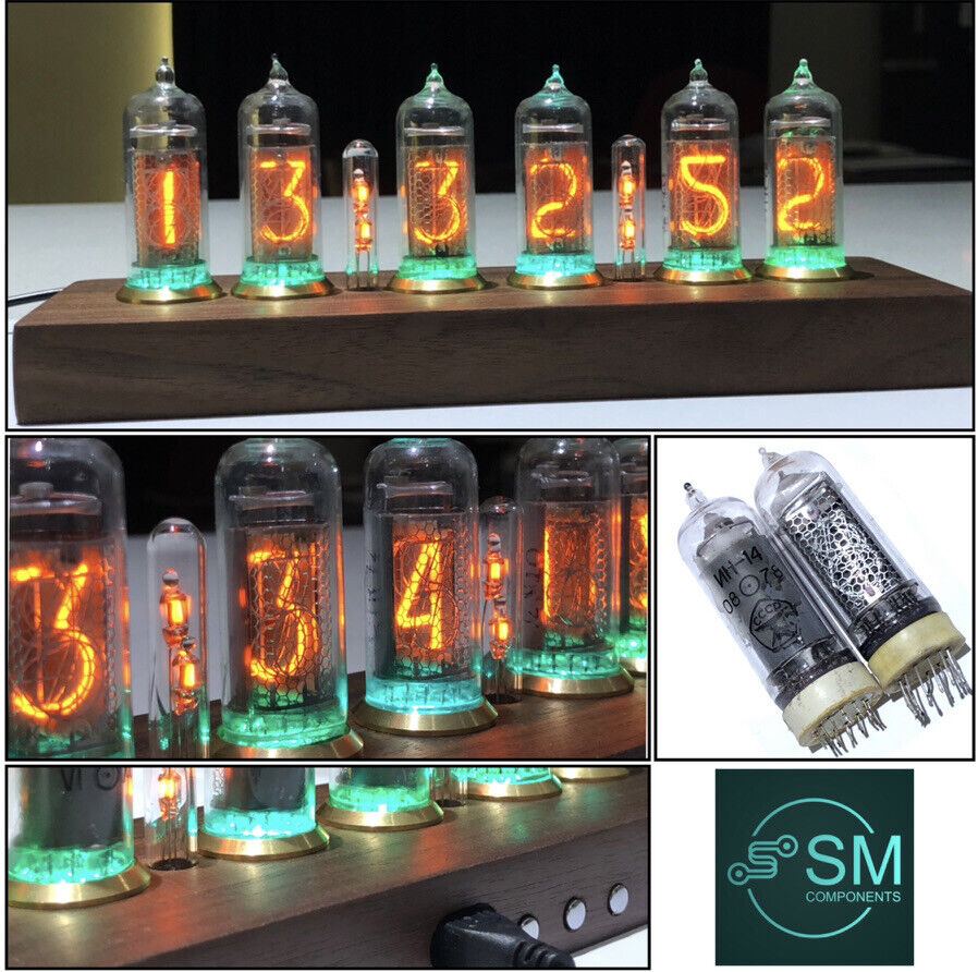 IN-14 Nixie tube Vintage Style Clock With Walnut Base Brass Rings Inc Power Unit