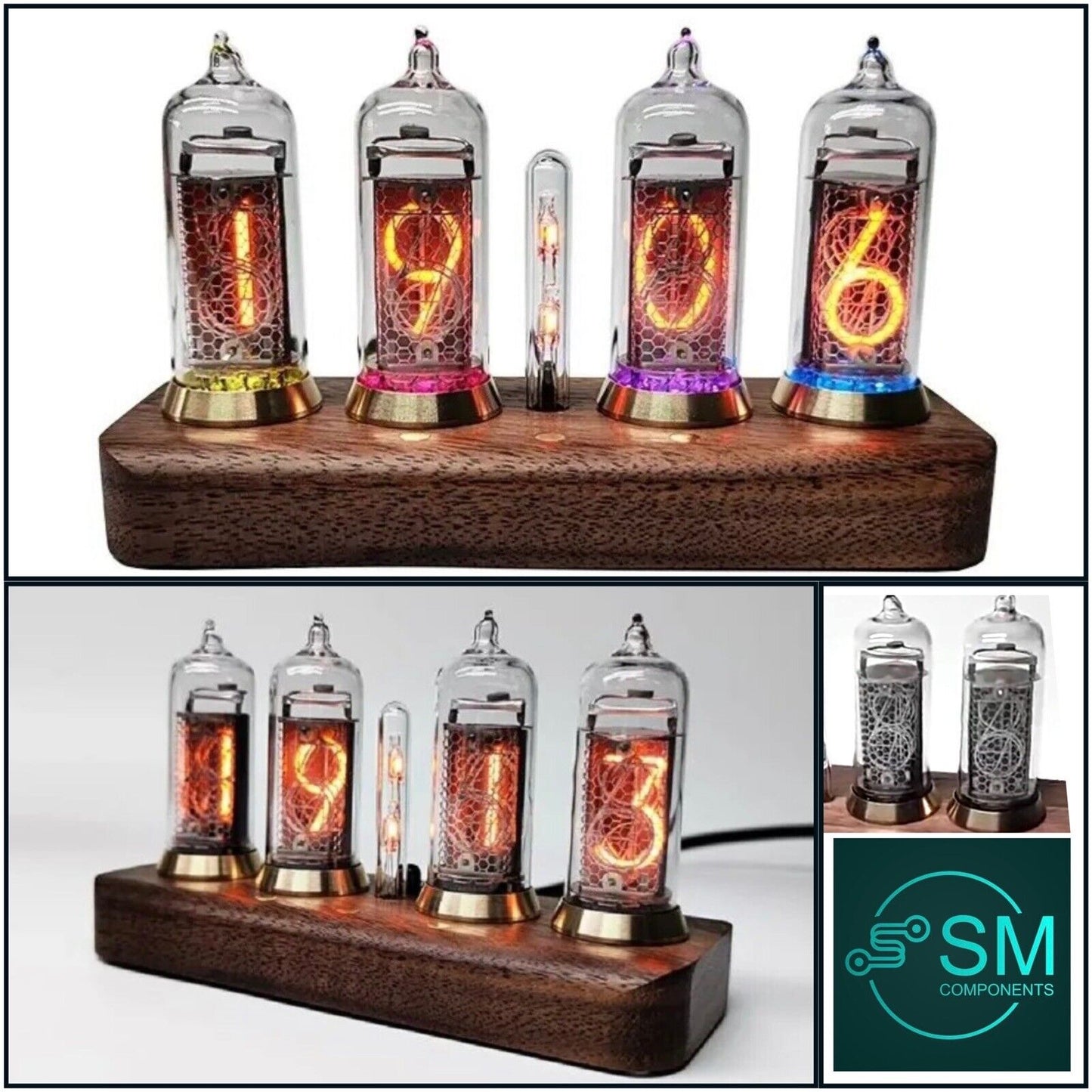 IN-14 Nixie Tube 4 Digit Clock Bluetooth Connectivity Walnut Base Brass Rings