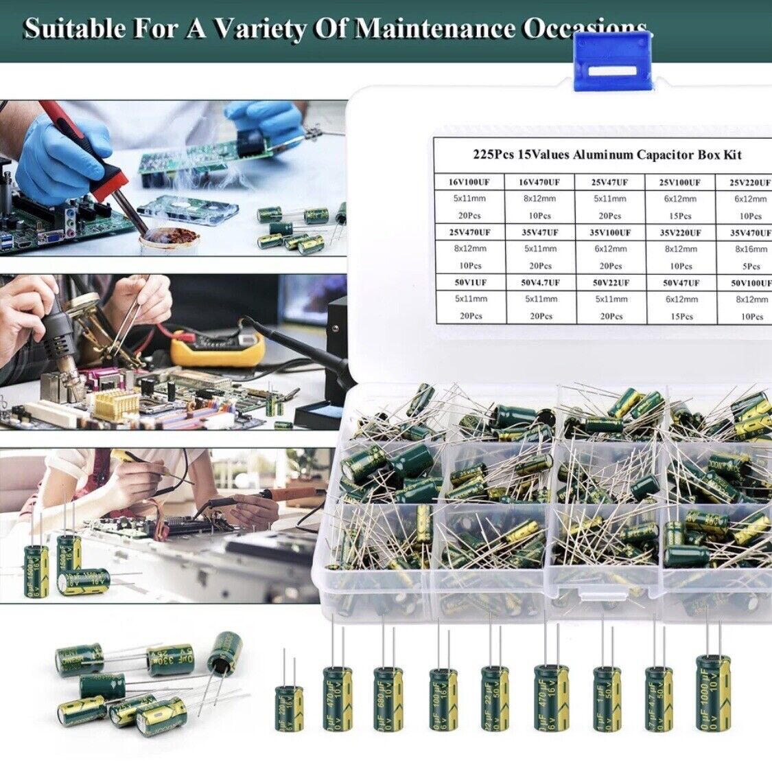 225PCS High Frequency LOW ESR Electrolytic Capacitor’s 1uF-470uF 105°C 16V-50V
