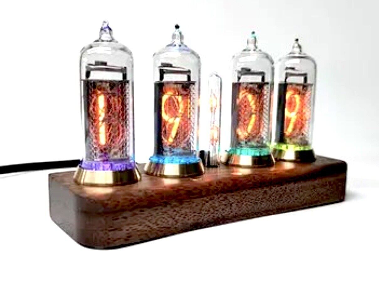 IN-14 Nixie Tube 4 Digit Clock Bluetooth Connectivity Walnut Base Brass Rings
