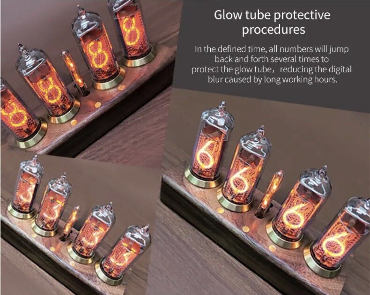 IN-14 Nixie Tube 4 Digit Clock Bluetooth Connectivity Walnut Base Brass Rings