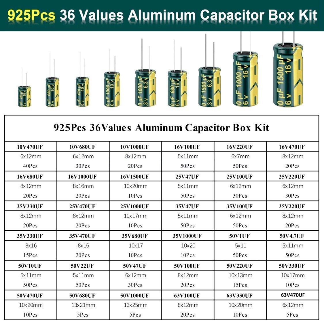 925PCS High Frequency LOW ESR Electrolytic Capacitor’s 1uF-1000uF 105°C 6.3V-63V
