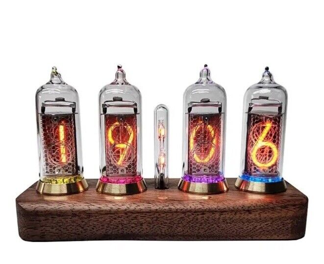 IN-14 Nixie Tube 4 Digit Clock Bluetooth Connectivity Walnut Base Brass Rings